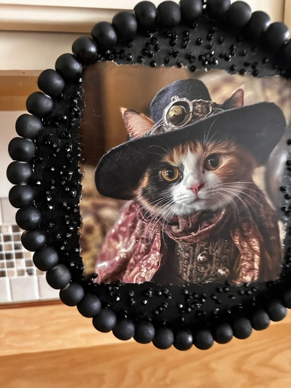 Hand Crafted Black Beaded Framed Cat Portrait